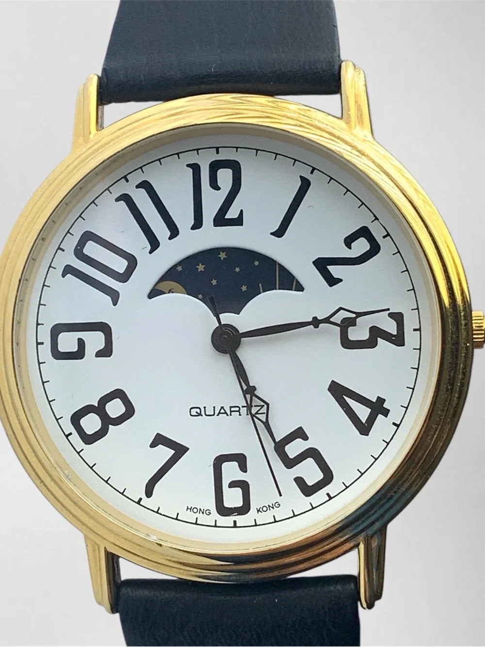 Classic Black Leather Gold-Tone Quartz Watch with Moonphase Dial, Unisex
